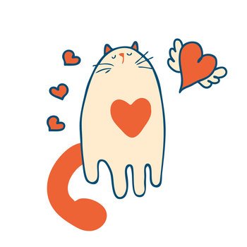 Hand drawn dreamy cat and flying heart. Perfect print for tee, stickers, poster. Isolated vector illustration for decor and design.