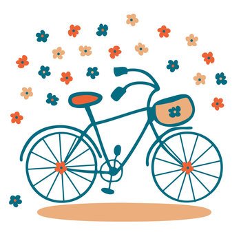 Hand drawn floral bike in simple doodle style. Perfect print for tee, stickers, cards. Isolated vector illustration for decor and design.