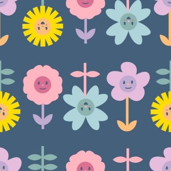 Retro flowers with smiling faces seamless pattern. Floral print for tee, paper, fabric, textile. Groovy vector illustration for decor and design.
