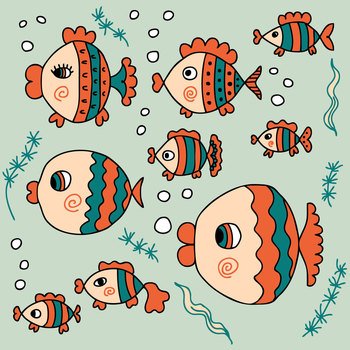 Marine summer fishes collection in retro style. Perfect print for tee, poster, card. Hand drawn vector illustration for decor and design.