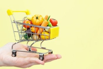 Metal shopping cart with fruits and vegetables on the persons hand on yellow background. Food delivery internet shopping concept. shopping cart with fruits and vegetables on persons hand on yellow background. Food delivery internet shopping concept