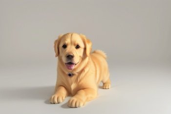 Yellow Labrador laying down on a white background facing the camera, generative ai