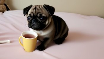 mini pug sitting on the bed with tea cup, AI Generated