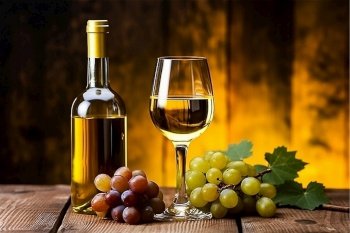 Bottle of white wine with wineglass ripe grape on black wooden table, AI Generative