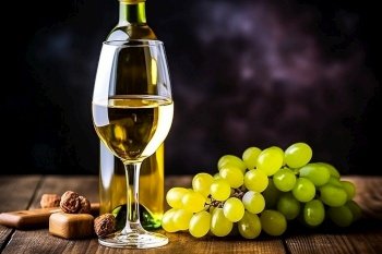 Bottle of white wine with wineglass ripe grape, AI Generative