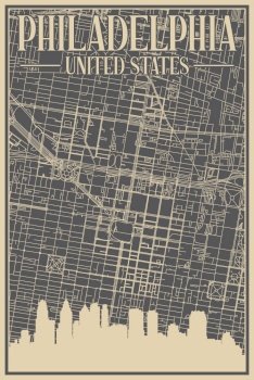 Road network poster of the downtown PHILADELPHIA, UNITED STATES OF AMERICA