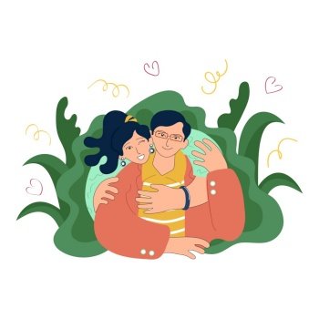 Happy young couple, family, girl embracing guy from behind. Korean, Chinese, or Japanese people. Honeymoon. Friends, lovers, brother and sister, husband and wife together. Doodle vector illustration. Happy young asian family hugging. Joyful girl with ponytail winking and hugging a guy in glasses. Woman and man together. Doodle style vector
