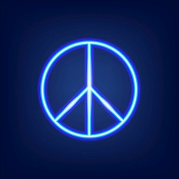Glowing neon blue pacific, peace emblem on dark blue background. Beautiful modern design element for prints. Pacific, blue shining neon round peace symbol