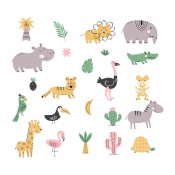 African animals. Set of doodle elements. Stickers for nursery. Inhabitants savannah.