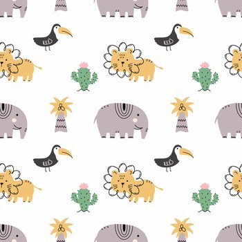 African birds and animals. Seamless pattern. Printing on fabric and wrapping paper. Background to nursery.