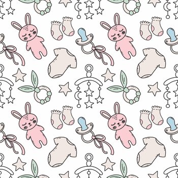 Seamless children’s pattern for sewing clothes and printing on fabric. Backgroundnewborn. Cute bunny. Toys  baby. Hand drawn wallpaper.