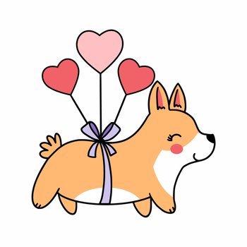 Cute corgi puppy and heart shaped balloons. Vector icon for Valentine’s Day. Hand drawn illustration. Funny pet. Postcard decor element.
