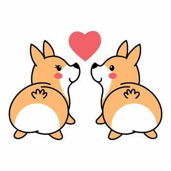 Two corgi dogs in love. Cute illustration for Valentine’s day. Sticker for postcard.