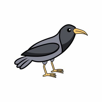 Black crow on white background. Image of  bird. Vector doodle illustration for  child.