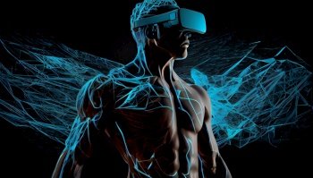 Futuristic man wearing virtual reality headset with Hypernova background. Metaverse VR concept. Player character in computer game interface. Generative Ai illustration. . Futuristic man wearing virtual reality headset with Hypernova background. Metaverse VR concept. Player character in computer game interface. Generative Ai. 