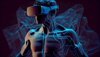 VR headset Hypernova cosmic banner. Futuristic man wearing virtual reality glasses, helmet. VR games playing. Ai generative illustration. . VR headset Hypernova cosmic banner. Futuristic man wearing virtual reality glasses, helmet. VR games playing. Ai generative.