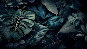 Lush background with dark green tropical forest leaves. Jungle fauna. Generative Ai illustration . Lush background with dark green tropical forest leaves. Jungle fauna. Generative Ai 