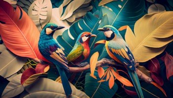 Creative background with exotic bright colorful leaves and jungle birds. Ai generative illustration.. Creative background with exotic bright colorful leaves and jungle birds. Ai generative.