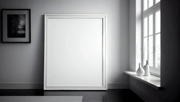 Blank picture frame mockup on the floor with white wall. White living room design with huge window and sunlight. Home staging and minimalism concept. Ai generative illustration. . Blank picture frame mockup on the floor with white wall. White living room design with huge window and sunlight. Home staging and minimalism concept. Ai generative. 