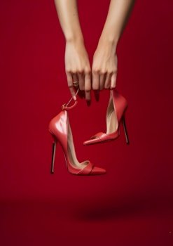 Person Holding a Pair of Red Heels on red background