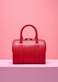 red handbag on a white podium and pink background