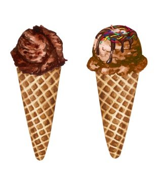 Watercolor chocolate ice cream cones isolated on white background. Hand drawn different ice scoops in a waffle cone. Chocolate scoops. Watercolor chocolate ice cream cones isolated on white background. Hand drawn different ice scoops in a waffle cone.