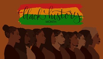 Black History month February banner with handwritten brush lettering and group of african american people. Vector hand drawn art. Black History month February banner with handwritten brush lettering and group of african american people.