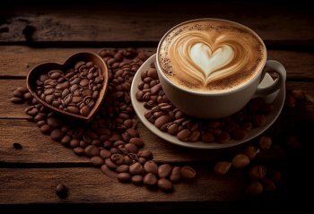 Heart shaped coffee beans and cup of latte on wooden illustration. AI generative.