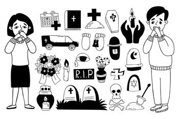 Collection death doodles. Man and woman heartbroken, shocked. Funeral symbols - grave, cross, cemetery, coffin and hearse, ashes and lampada, wreath and bible. Isolated vector drawings