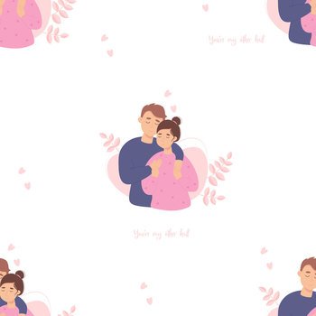 Seamless pattern with loving couple. Happy people hugging on white background. Vector illustration. Youre my other half. Romantic endless background for valentine, packaging, textiles, printing