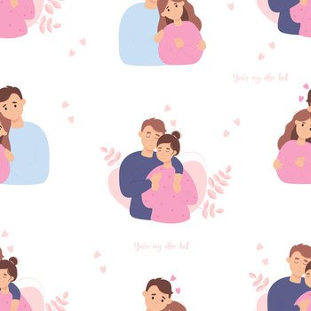 Seamless pattern with loving couple of people. Happy people hugging on white background with heart. Vector illustration. Romantic endless background for valentine, packaging, textiles, printing