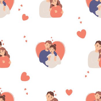 Seamless pattern with cute couple in love. Happy people hugging on white background with heart. Vector illustration. Romantic endless background valentine, for festive packaging, textiles, printing