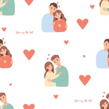 Seamless pattern with with love and people. Happy loving couple on white background with heart. Vector illustration. Romantic endless background for valentine, packaging, textiles, printing