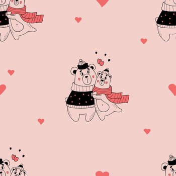 Cute seamless pattern. Romantic enamored hugging bears on pink background with hearts. Vector illustration in doodle style. Endless background for valentines, wallpapers, packaging, print