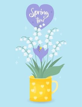 Bouquet spring flowers of lilies of the valley and purple crocus in cup. Spring time poster. Vector illustration for design, postcards, decor and decoration, print