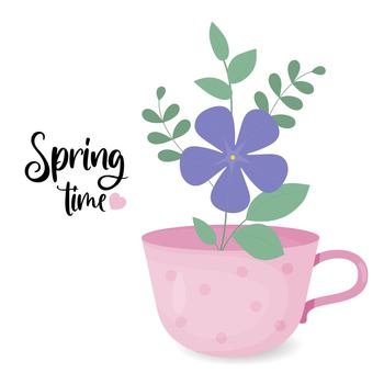 Spring time poster. Periwinkle flower. Blooming purple Vinca minor with leaves in cup. Vector illustration in flat style