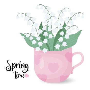 Bouquet spring flowers of lilies of the valley in cup. Spring time poster. Vector illustration for design, postcards, decor and decoration, print