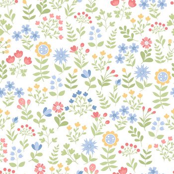 Floral seamless pattern. Scattered flowers, plant branches and leaves on white background. Vector illustration in flat style