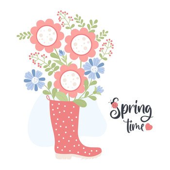 Spring time. Bouquet of flowers in rubber boot. Cute postcard. Vector illustration in flat style