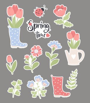 Collection stickers Spring time. Rubber boot and watering can with bouquet of tulips, flowers, plant branches and ladybug. Vector illustration. Isolated plants for design, decor, decoration, cards