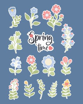 Fowers. Collection stickers. Spring time. Vector illustration. Isolated botanical plants and branches for design, decor, decoration, cards