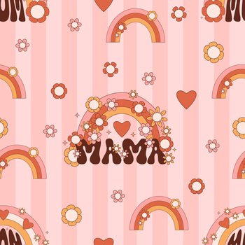 Retro seamless pattern. Groovy rainbow with Daisy Flowers on pink background. Vector Illustration. Aesthetic Modern Art for mothers day, wallpaper, design, textile, packaging, decor