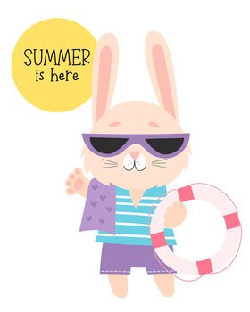 Summer card with cute beach bunny in sunglasses with lifebuoy. Vector illustration. Happy hare tourist character and slogan Summer is here. For design, print, postcards