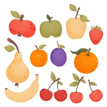 Collection fruits and berries. Apples, pear, strawberry, banana, plum, apricot, cherry and tangerine. Vector illustration. Isolated natural fruits in flat style