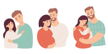 Set Happy family. Cute in love couple with pregnant woman and pair with newborn baby. Isolate vector illustrations in cartoon flat style. Future parents, pregnancy motherhood, parenthood concept