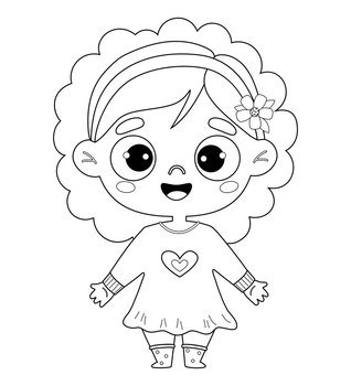 Cute kid girl. Outline drawing coloring book. Vector illustration. Childrens collection. Isolated funny kid character on white background