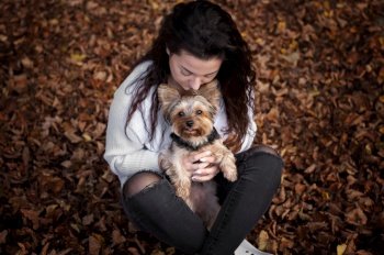 Portrait of a girl with her Yorkshire terrier dog. Autumn season.