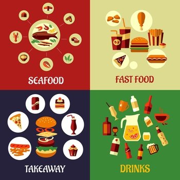 Seafood fast food and drinks flat icons vector image