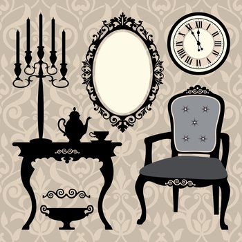 Set of antique furniture and objects vector image