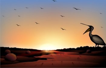 A sunset at the desert with flock of birds vector image